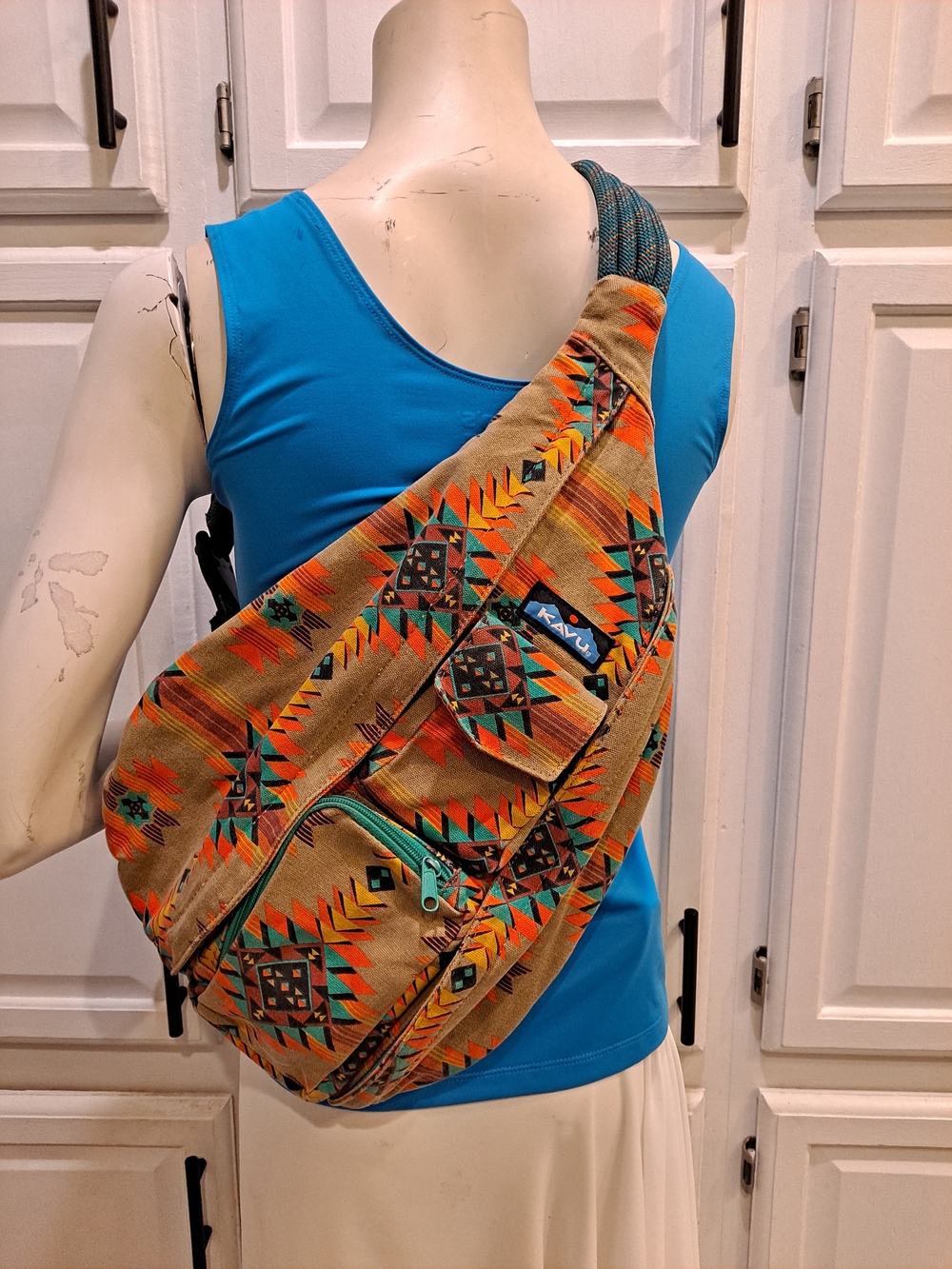Kavu 'Mojave Dunes' Tan Rope Sling Bag Teal Orange Aztec Accents Canvas Tote - Picture 11 of 12